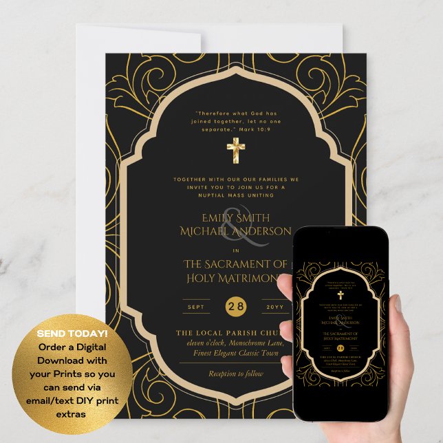 Schwarzes Gold Verzierte katholische Hochzeit der  Einladung (Von Creator hochgeladen)
