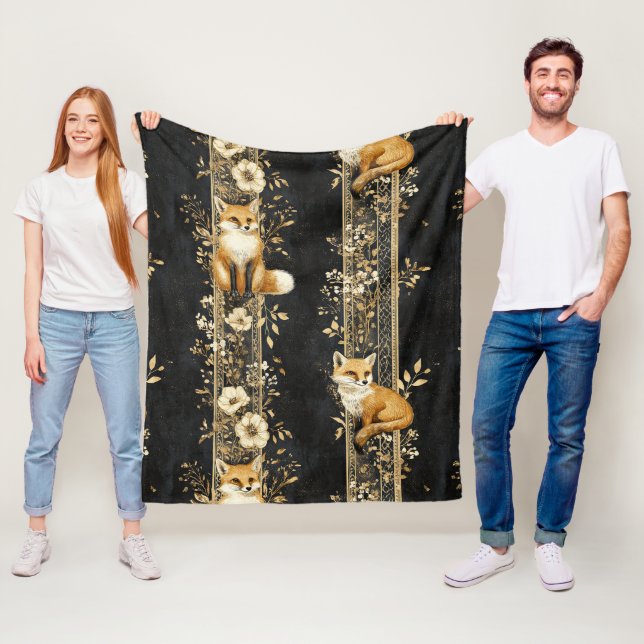 Schwarzes Gold viktorianisches Fuchs-Botanikmuster Fleecedecke (Beispiel)