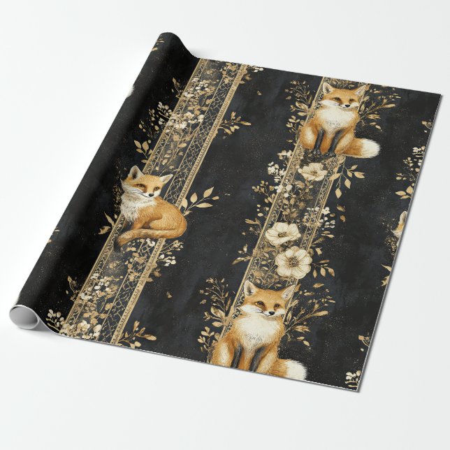 Schwarzes Gold viktorianisches Fuchs-Botanikmuster Geschenkpapier (Ungerollt)