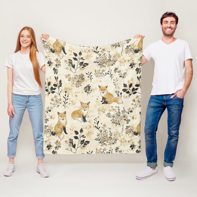 Schwarzes Gold Wald Fuchs Blumenmuster Fleecedecke (Beispiel)