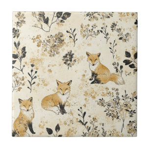 Schwarzes Gold Wald Fuchs Blumenmuster Fliese