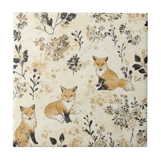 Schwarzes Gold Wald Fuchs Blumenmuster Fliese (Vorderseite)