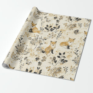 Schwarzes Gold Wald Fuchs Blumenmuster Geschenkpapier