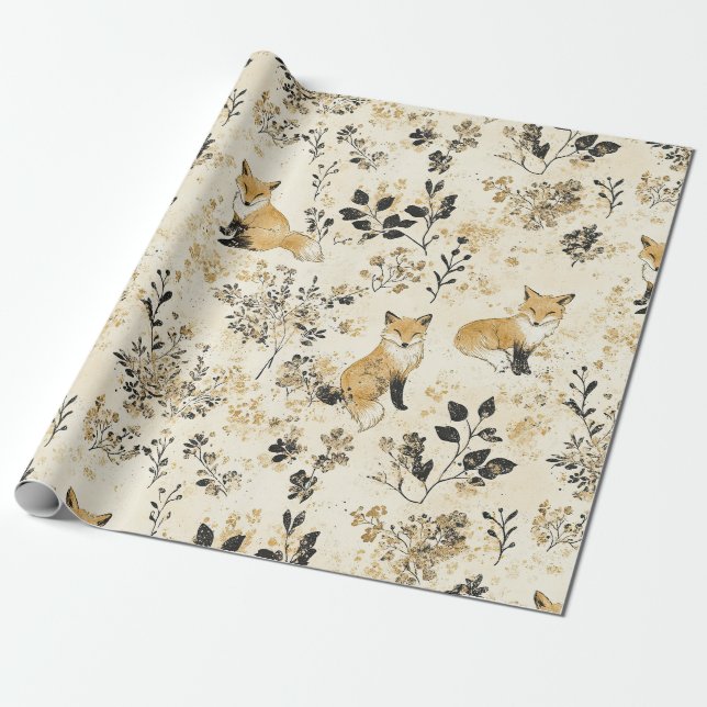 Schwarzes Gold Wald Fuchs Blumenmuster Geschenkpapier (Ungerollt)