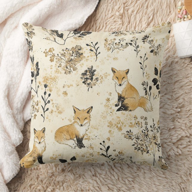 Schwarzes Gold Wald Fuchs Blumenmuster Kissen (Decke)