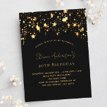 Schwarzes Gold zum Geburtstag - elegantes Party Einladungspostkarte<br><div class="desc">Eine elegante Einladung zum Geburtstag für Damen und Herren. Schwarzer Hintergrund,  mit goldenen Sternen verziert. Personalisieren Sie Ihren Namen und Ihre Party-Daten und fügen Sie diese hinzu.</div>