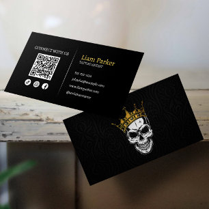 Schwarzes, goldenes Tattoo-Künstler-Totenkopf-QR-C Visitenkarte