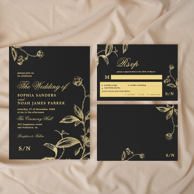 Schwarzes goldfarbenes, elegantes Monogramm-Menü W RSVP Karte (The invitation can be purchased separately )