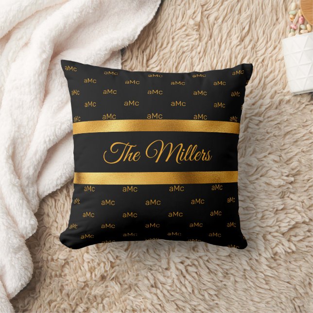 Schwarzes goldfarbenes Paar monogramm elegant Kissen (Decke)