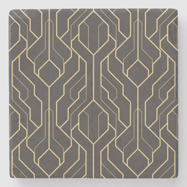 Schwarzes goldgeometrisches Muster | Art Deco Steinuntersetzer (Vorderseite)