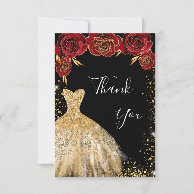 Schwarzes Goldkleid Rote Blumen Glitzer Geburtstag Dankeskarte (Vorderseite)