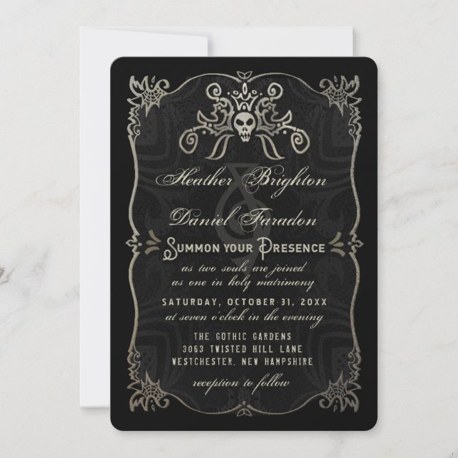 Schwarzes Goldladen elegante Schädel-Hochzeit Einladung (Vorderseite)