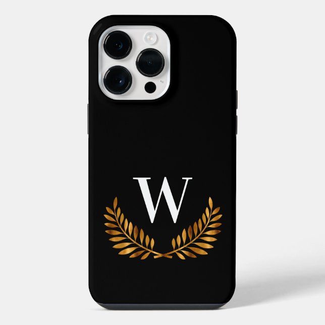 Schwarzes Goldmonogramm Initiale Name Kranz iPhone 14 Pro Max Hülle (Rückseite)
