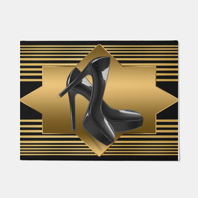Schwarzes Goldmonogramm-Muster u. hoher Heels Fußmatte (Vorderseite)