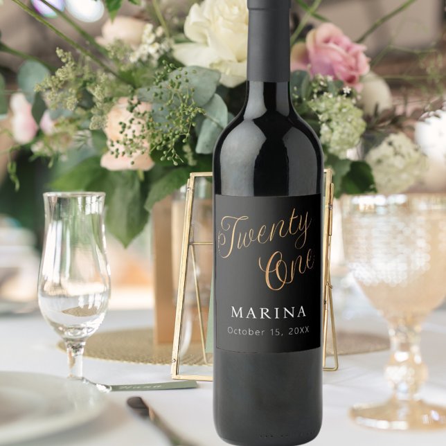 Schwarzes Goldnamensskript 21. Geburtstag Weinetikett (Von Creator hochgeladen)