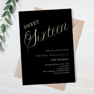 Schwarzes Goldschrift-Luxus Sweet 16 Folieneinladung