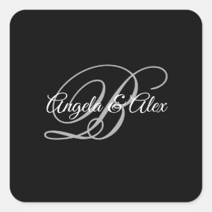 Schwarzes Grau und Weiß Fancy-Schrift-Monogramm Quadratischer Aufkleber