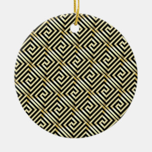 Schwarzes griechisches Schlüssel-Muster in Gold Keramikornament