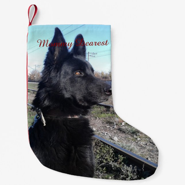 Schwarzes GSD mit Zug-Bahnen Kleiner Weihnachtsstrumpf (Vorderseite)