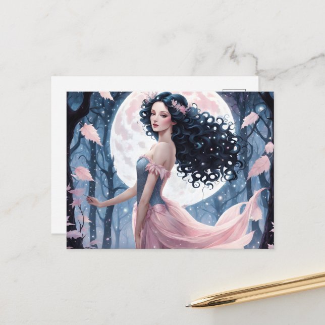Schwarzes Haar Girl & Pink Vollmond Postkarte (Vorderseite/Rückseite Beispiel)