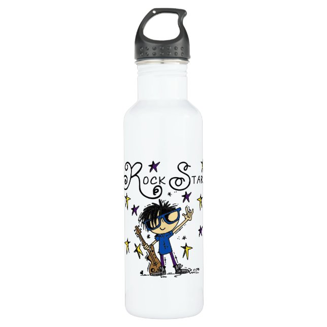 Schwarzes Haar-Jungen-Rockstar Edelstahlflasche (Vorderseite)