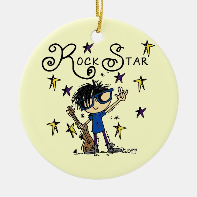 Schwarzes Haar-Jungen-Rockstar Keramik Ornament (Vorne)