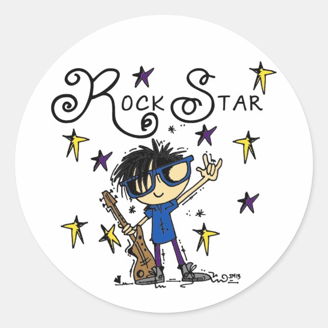 Schwarzes Haar-Jungen-Rockstar Runder Aufkleber (Vorderseite)