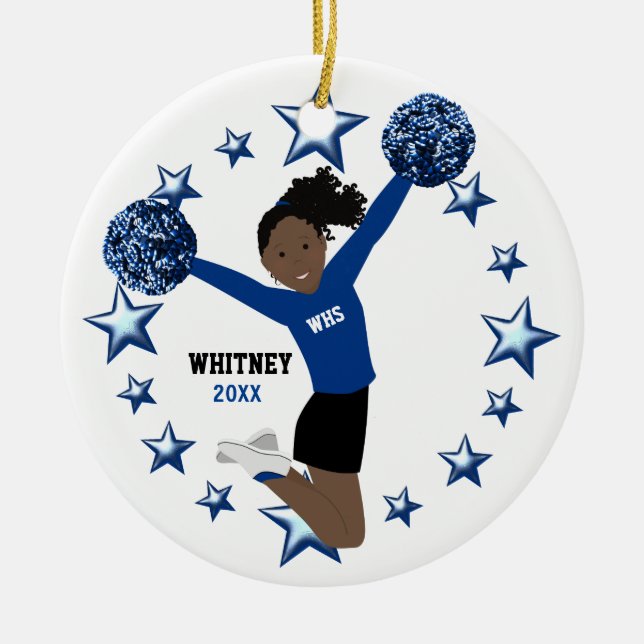 Schwarzes Haar-Pferdeschwanz Pom Poms im Blau u. Keramikornament (Vorne)