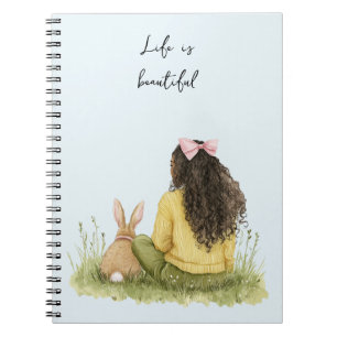 Schwarzes Haarmädchen Rosa Schleife Bunny Blumen G Notizblock