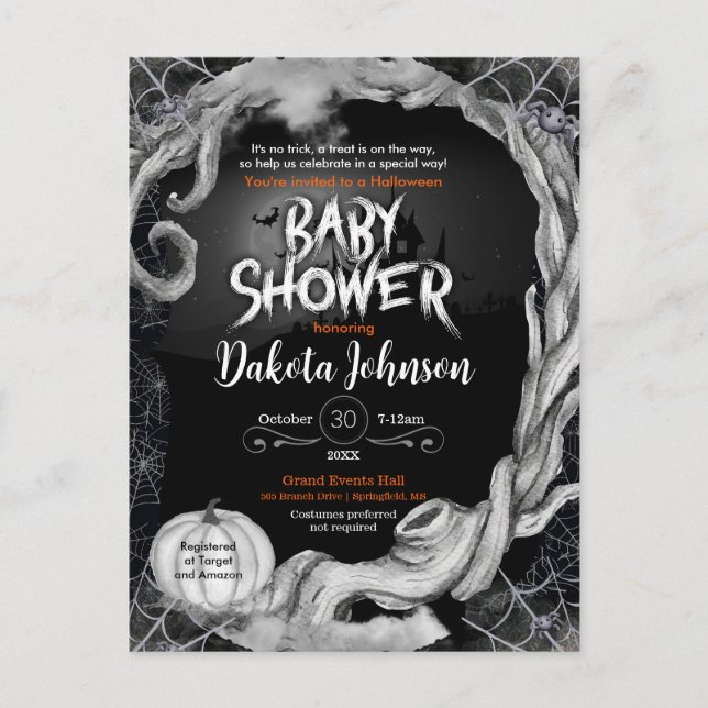 Schwarzes Halloween Baby Shower Einladung mit Regi (Vorderseite)