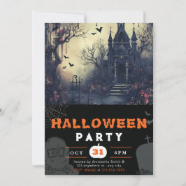 Schwarzes Halloween im Spuk Haus und Fledermäusen Einladung