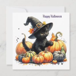 Schwarzes Halloween Kätzchen mit Kürbiskuits & Hex Feiertagskarte
