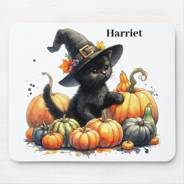 Schwarzes Halloween Kätzchen mit Kürbiskuits & Hex Mousepad (Vorne)