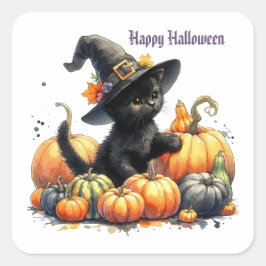 Schwarzes Halloween Kätzchen mit Kürbiskuits & Hex Quadratischer Aufkleber