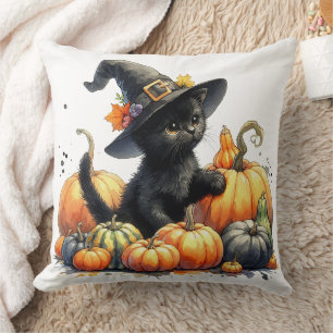Schwarzes Halloween-Kätzchen mit Kürbissen und Hex Kissen