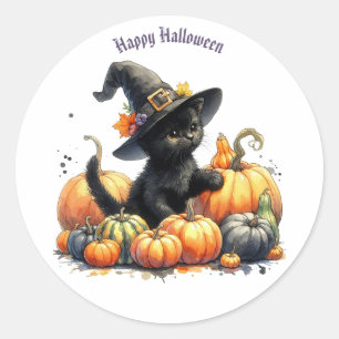 Schwarzes Halloween-Kätzchen mit Kürbissen und Hex Runder Aufkleber