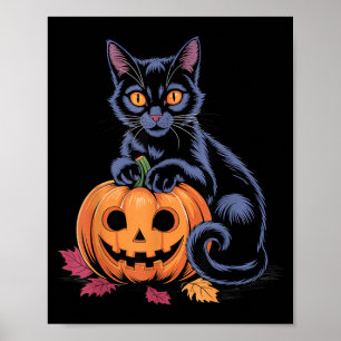 Schwarzes Halloween-Katze-Kürbis-Kostüm Retro Herb Poster