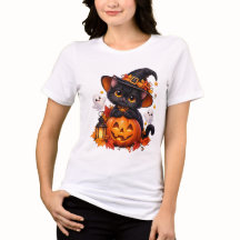Schwarzes Halloween-Kürbis-T-Shirt mit Katze