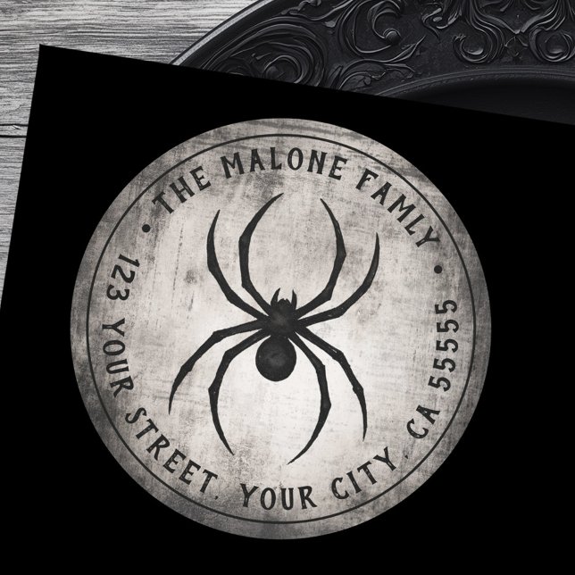 Schwarzes Halloween-Rücksende-Adressetikett mit Sp Runder Aufkleber (Black spider Halloween return address label)