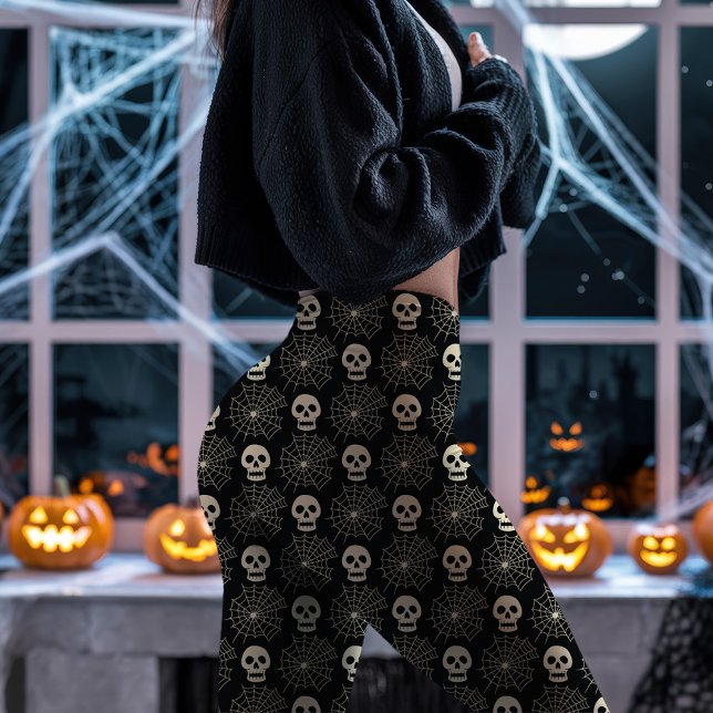 Schwarzes Halloween Skull und Spiderweb Muster Leggings (Von Creator hochgeladen)