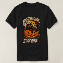 Schwarzes Halloween-T-Shirt mit Katze – Keine Tric
