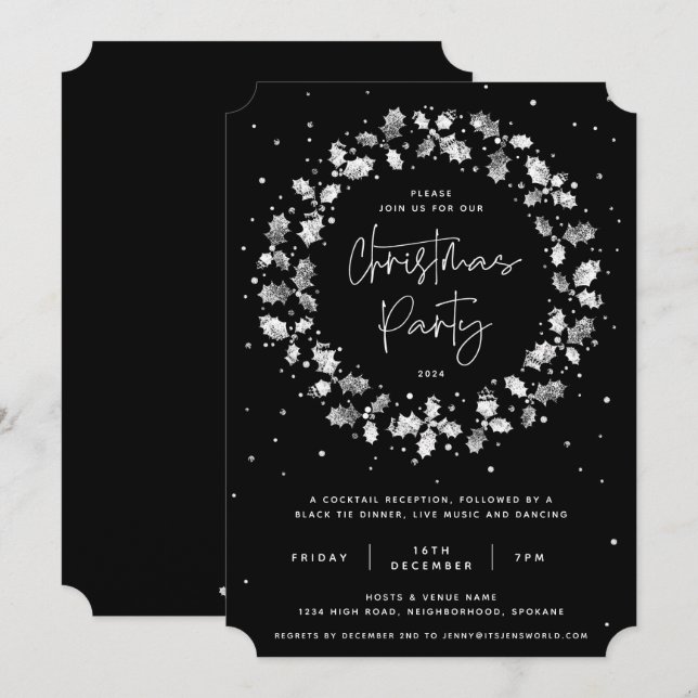 Schwarzes Hand gedrucktes Holly-Wreath-Weihnachtsf Einladung (Vorne/Hinten)