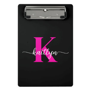 Schwarzes Heißrosa-Monogramm Mini Klemmbrett