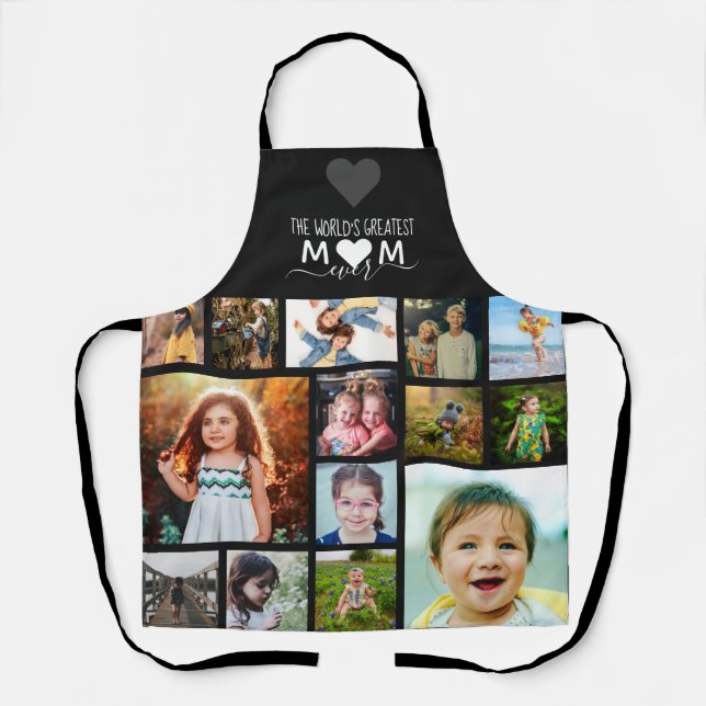 Schwarzes Herz Beste Mama je FotoCollage Schürze (Vorderseite)