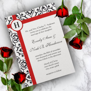 Schwarzes Herz Damask Seitliche Grenzen Red Trim H Einladung