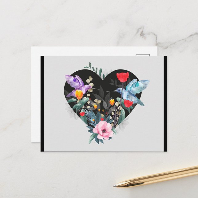 Schwarzes Herz Postkarte (Watercolor illustration featuring a black heart shape filled with a variety of flowers!)
