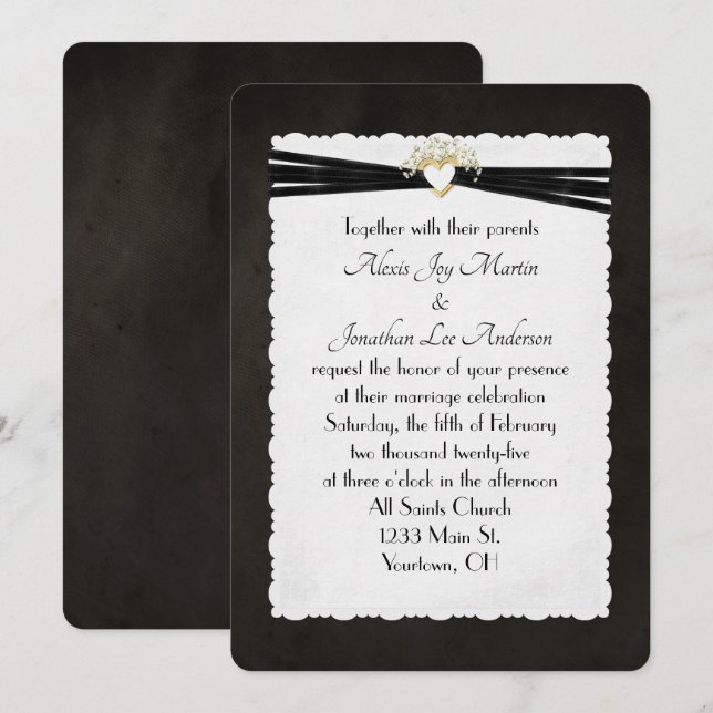 Schwarzes Hochzeitband im goldenen Herzen Einladung (Vorne/Hinten)