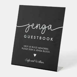Schwarzes Hochzeits-Jenga-Gästebuch-Schild Sockelschild
