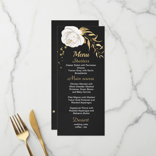 Schwarzes Hochzeitsmenü aus weißem Gold Menükarte (Vorderseite/Rückseite Beispiel)