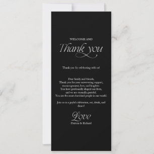 Schwarzes Hochzeitsmenü und Danke-Platzkarte Einladung